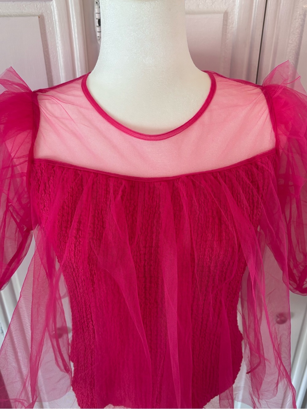 Anthropologie Pink Sheer Tulle Puff Sleeve Smocked Blouse Top Size Small - Picture 3 of 12
